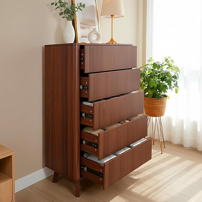 Fluted 5 Drawers Dresser for Bedroom, 47" Tall Handleless Chest of Drawers with Faux Marble Top, Curved Profile, Wooden Drawer Organizer for Living Room, Hallway, Entryway, Walnut