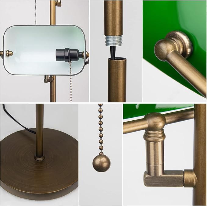 FIRVRE Green Glass Bankers Floor Lamp Classic Vintage Standing Lamp with Pull Chain Switch Adjustable Arm Reading Floor Light for Bedroom Headboard Workplace Office Piano Style Lamp