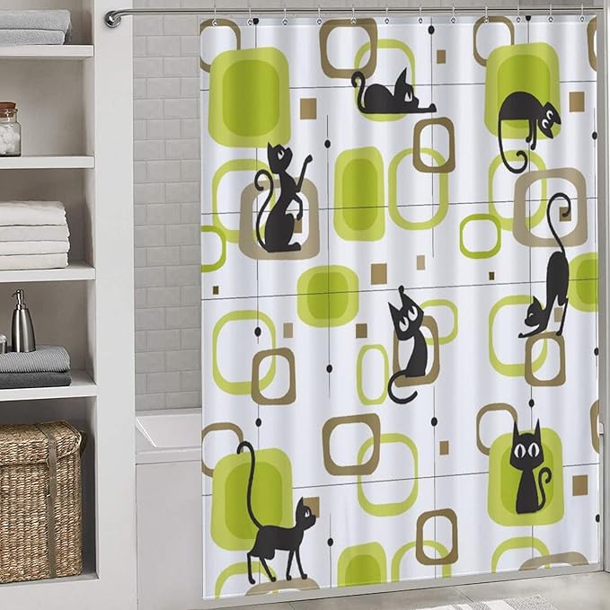 Mid Century Modern Shower Curtain for Bathroom, Vintage Abstract Geometric Green Black Cat Atomic Kittey Retro 1950s 1960s Waterproof Fabric Shower Curtain Set with Hooks, 72"x72"