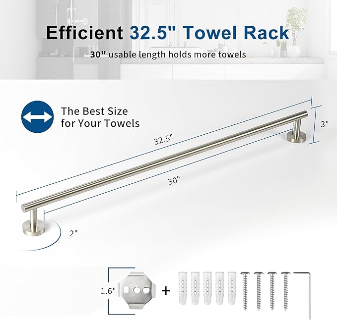 Brushed Nickel Towel Bar, 30 Inch Towel Racks for Bathroom Wall Mounted, Thicken SUS304 Stainless Steel Heavy Duty Hand Towel Holder Organizer, Bathroom Accessories, Total Length 32.5 Inch