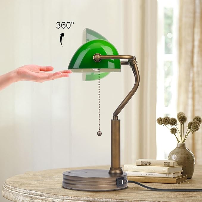 Green Glass Bankers Lamp, Retro Desk Lamp with USB Wireless Charging Port, Classic Pull Chain Switch Table lamp, for Home Office nightstand Bedside Study Desk Library