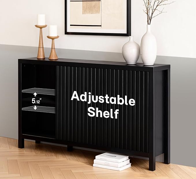 ZYBT Fluted Sideboard Buffet Cabinet with Storage, Modern Credenza Buffet Sideboards Bar Cabinet Console Table with Adjustable Shelves Slide Door for Living Room Hallway Kitchen Entryway (Black)