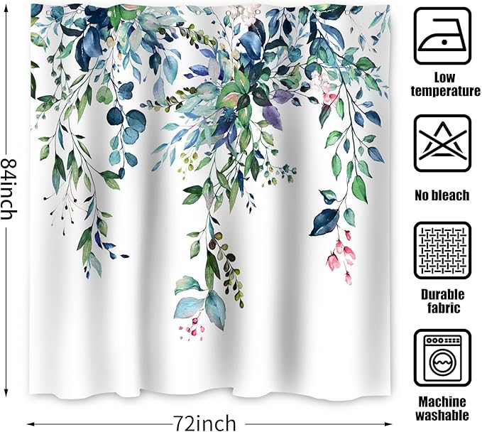 Eucalyptus Extra Long Shower Curtain, Watercolor Green Leaves Plant Floral Spring Nature Waterproof Fabric Machine Washable with Hooks for Bathroom Bathtub Decor 72Wx84H
