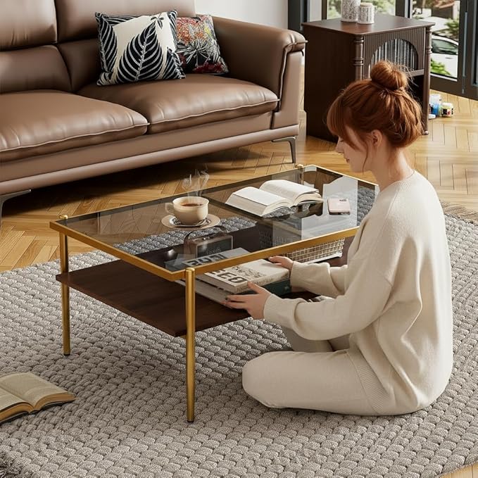 Mid Century Modern 2-Tier Coffee Table with Gray Tempered Glass Top & Wood Storage Shelf – Space-Saving Center Table for Living Room, Apartment & Small Spaces (Golden)