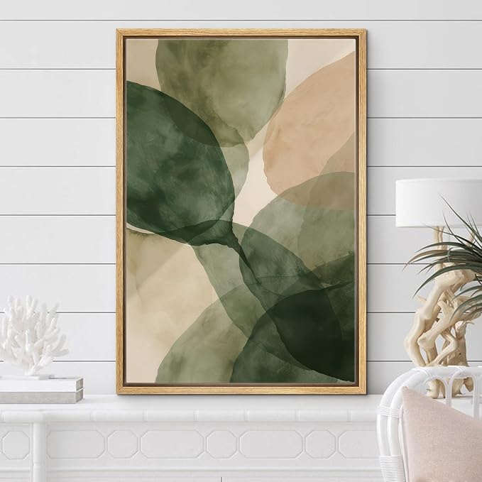 Woodrose Framed Canvas Print Wall Art Abstract Organic Shapes Soft Green and Beige Watercolor Illustrations Modern Art Minimalist 3D Colorful Ultra for Living Room, Bedroom, Office - 24"x36" NATURAL