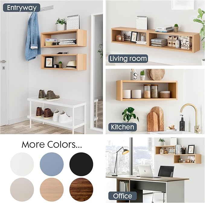 Kaboon 24in Floating Cube Shelves Set of 2, Display Shelves Wall Mount, Decorative Hanging Shelves for Kitchen Living Room Office,(Light Walnut, Rectangle 2 Cubes)