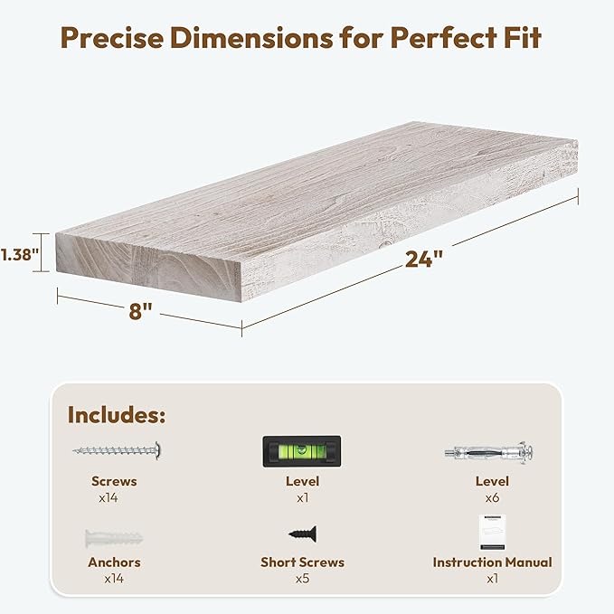 Vivelove Elm Floating Shelves for Wall Solid Wood, 24 Inches Long Rustic Wall Shelf with Invisible Bracket for Living Room Bedroom Bathroom Office, Farmhouse Display Shelf, Set of 2 - Weathered White