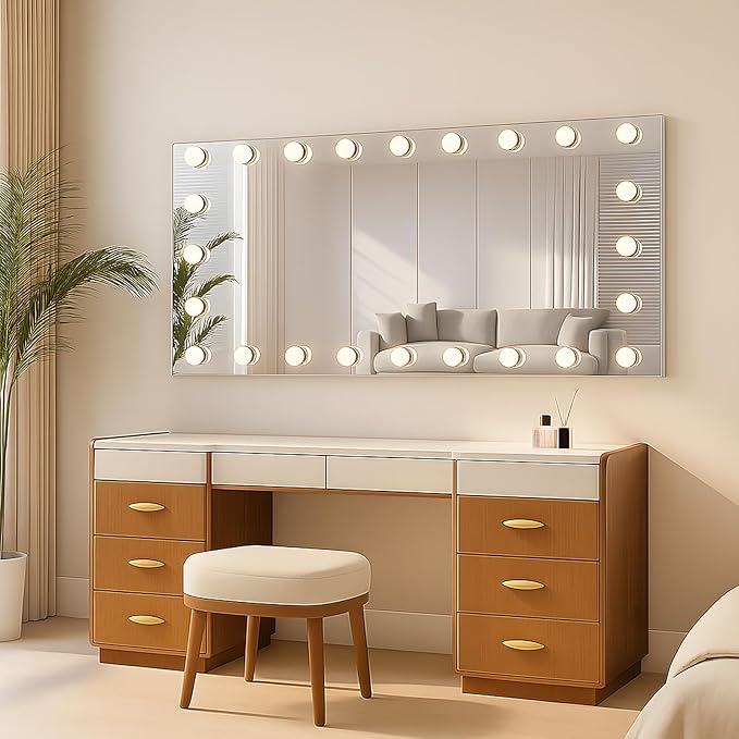 WTTY 60"x30" Hollywood Vanity Mirror with Lights, Wall-Mounted Makeup Mirror with 3 Color Temperatures, Stepless Dimmable Bulbs, Anti-Fog & Shatter-Proof