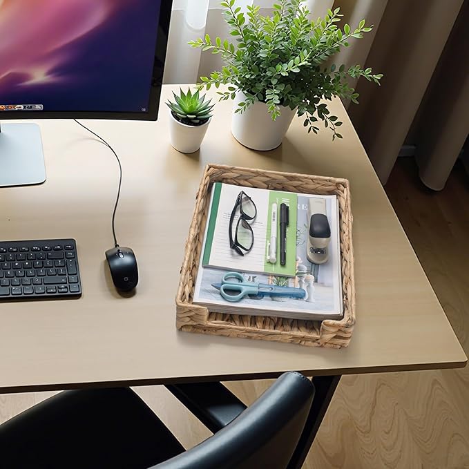 Water Hyacinth Letter Tray, Wicker Desk Tray, Woven Desk Organizer, A4 Paper, Document, File, Mail, Magazine Storage Basket for Office, Classroom, Home Desktop