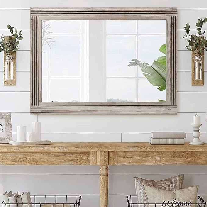 YOSHOOT Hand-Made Wooden Spliced Wall Mirror for Bathroom, Rustic Farmhouse Vanity Mirror, Décor Wall Art, Solid Wood Frame, Vertical or Horizontal Hanging, 60" x 30", Grey