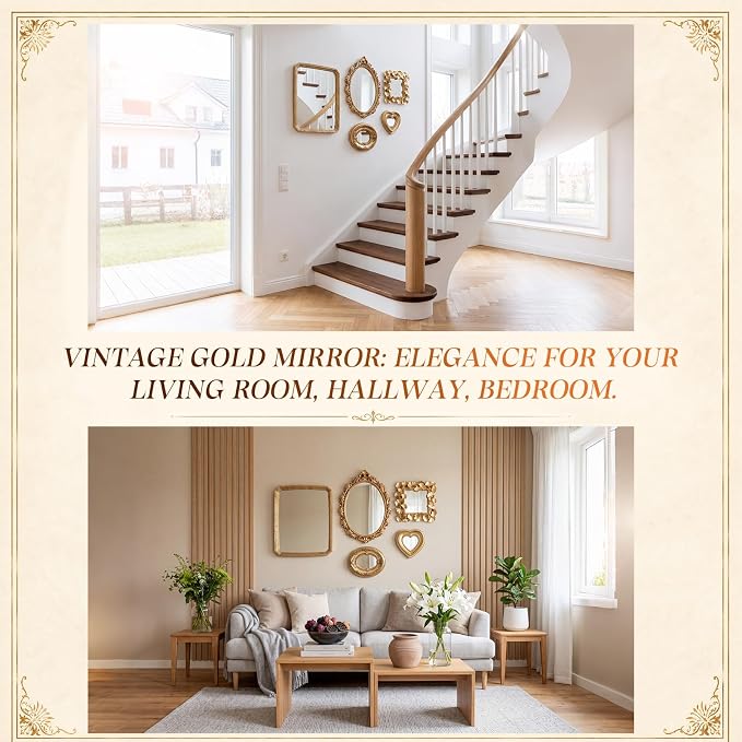 5 Pcs Vintage Gold Mirror Luxury Set Small Gold Mirrors Gallery Wall Mirror Hanging Antique Art Decor for Wall Living Room Entryway Assorted Sizes (11in/8in/6in/4in,Cute Style)