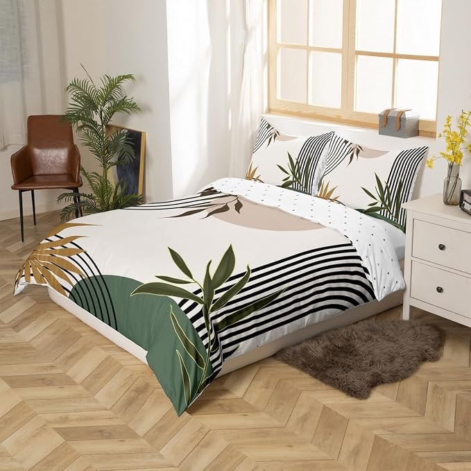 Erosebridal Abstract Green Modern Duvet Cover Twin for Kids Boys Girls,Geometric Plant Leaves Comforter Cover,Mid Century Aesthetic Bedding Set,Minimalist Simple Bed Set 2 Pcs Bedroom Decor