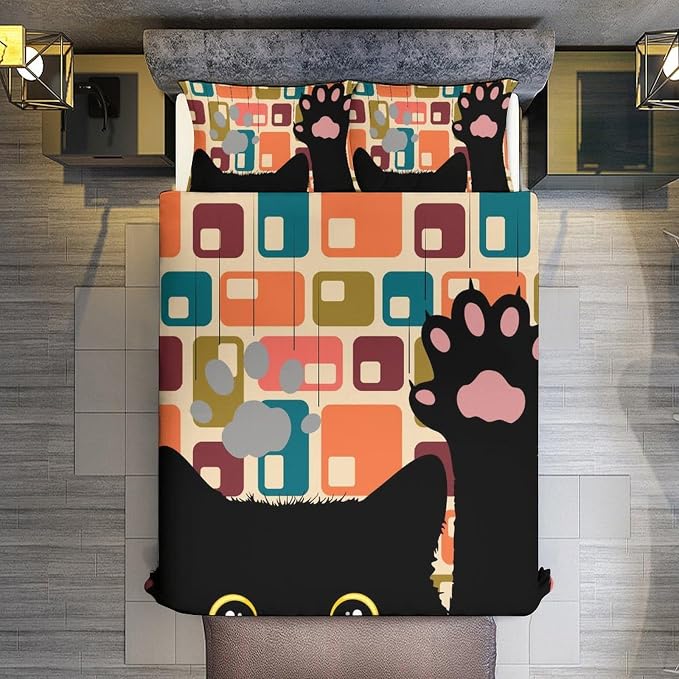 Mid Century Duvet Cover Sets Vintage Black Cat Modern Style Printed Lightweight Soft Quilt Cover Abstract Geometric Minimalist Soft Microfiber 3 Piece (1 Duvet Cover 79x90in + 2 Pillow Sham 20x30in)