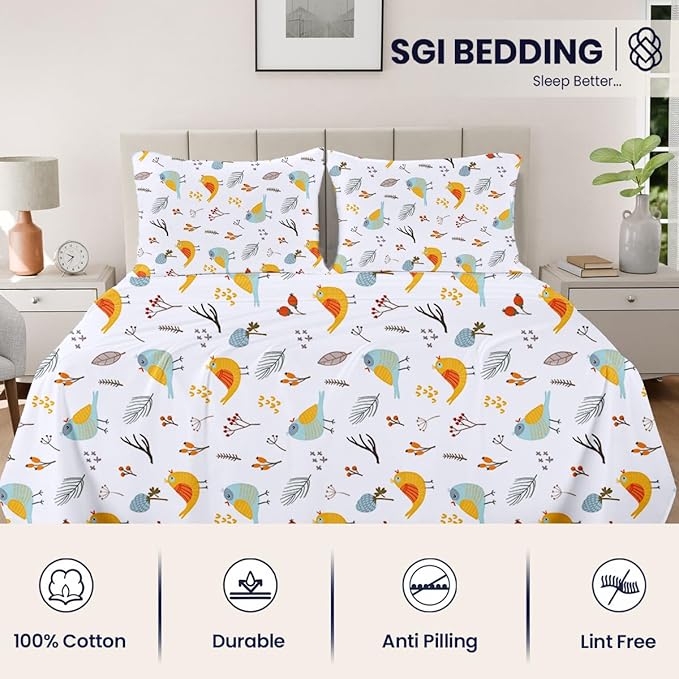 SGI bedding 100% Egyptian Cotton Sheets Full Size – 600 Thread Count Sheets Set, Soft, Cooling, 15" Deep Pocket, Luxury Hotel Bedding, Breathable, Durable - Spring Bird