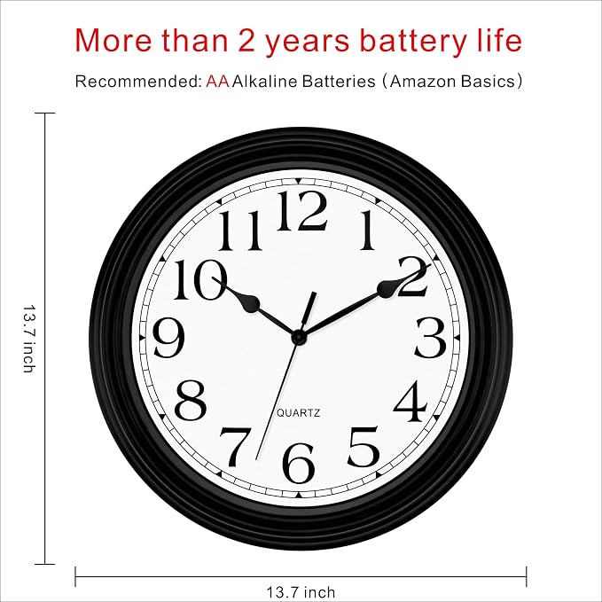 Foxtop 14 Inch Wall Clock Battery Operated Silent Non-Ticking Round Classic Vintage Retro Wall Clock Decorative for Living Room Kitchen Home Office (Black)