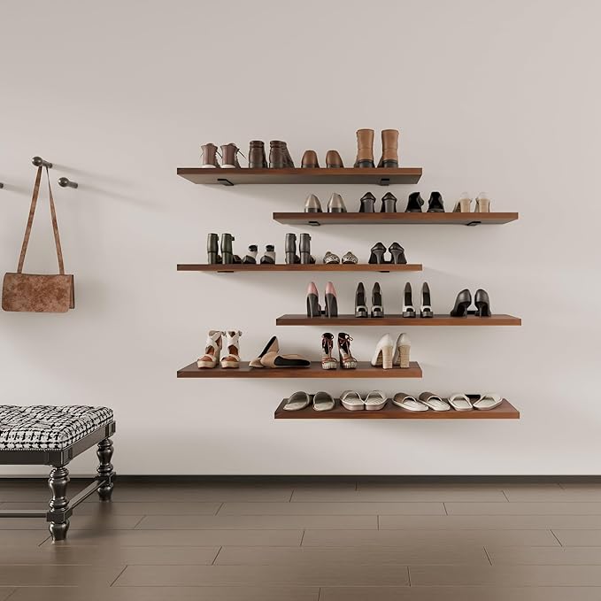 6 Tier Book Shelf,36 inch Walnut Long Floating Shelf for Wall,Adjustable Large Bookcase,Wall Mounted Bookshelf for Living Room