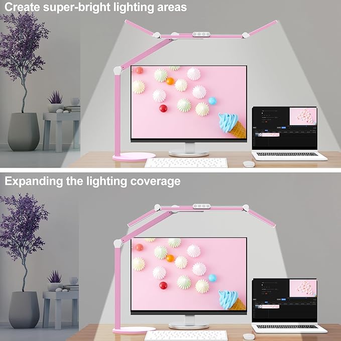 Micomlan Led Desk Lamp with Base, Adjustable Tall Architect Desk Light for Home Office with Flexible Swing Arm, 24W Pink Bright Table Lamp Auto Dimming Computer Light for Workbench