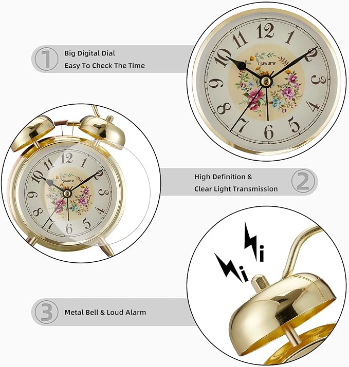 rjuwurv 4" Loud Alarm Twin Bell Alarm Clock, Night Light, Desk Clock Table Alarm Clock Bedroom Alarm Clock(Golden Rural)