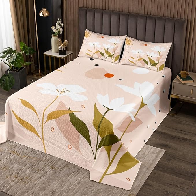 Erosebridal Boho Minimalist Coverlet Queen Size Hippie Abstract Art Bedding Set, Botanical Plants Bedspread Set White Flower Floral Quilt Set Modern Mid Century Bed Set Girly Pink Room Decor