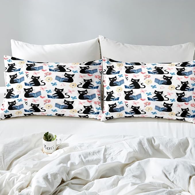 Erosebridal Kawaii Pet Cat Comforter Cover Queen Black Kitten Cat Lovers Bedding Set Trendy Preppy Florals Duvet Cover for Kids Girls Boys Adults Cute Animals Reading Aesthetic Bed Set