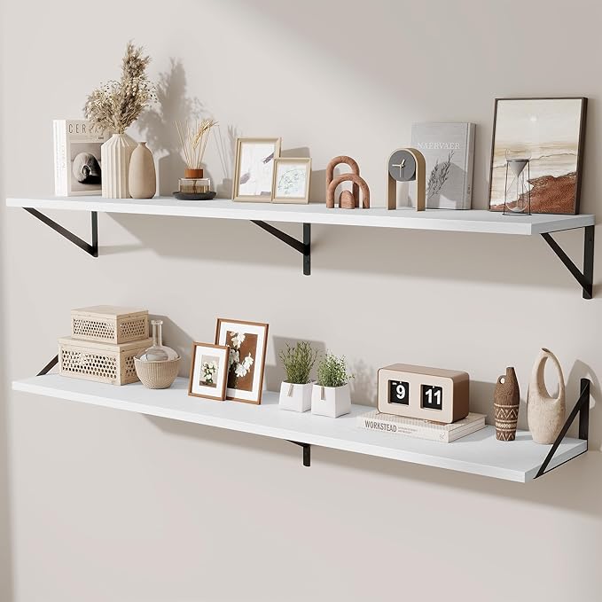 Deep Floating Shelves,55" Wx10 D Wood Wall Shelves Set of 2,Long Wood Floating Shelf with Metal Brackets,Floating Bookshelf for Living Room,Kitchen,Office,Bedroom,Decor Storage,White