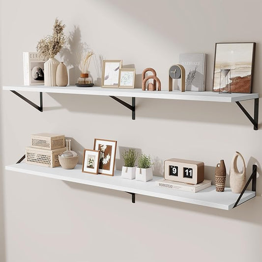 Deep Floating Shelves,55" Wx10 D Wood Wall Shelves Set of 2,Long Wood Floating Shelf with Metal Brackets,Floating Bookshelf for Living Room,Kitchen,Office,Bedroom,Decor Storage,White