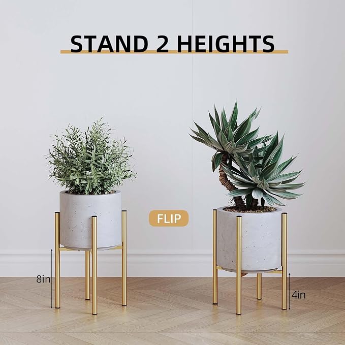 Adjustable Metal Plant Stand Indoor, Fits 8-14 Inch Pots, Mid Century Modern Gold Planter Holder,2 Heights, Heavy Duty 160 lb, Indoor Outdoor Corner Floor Pot Stand, Golden 2 Pack