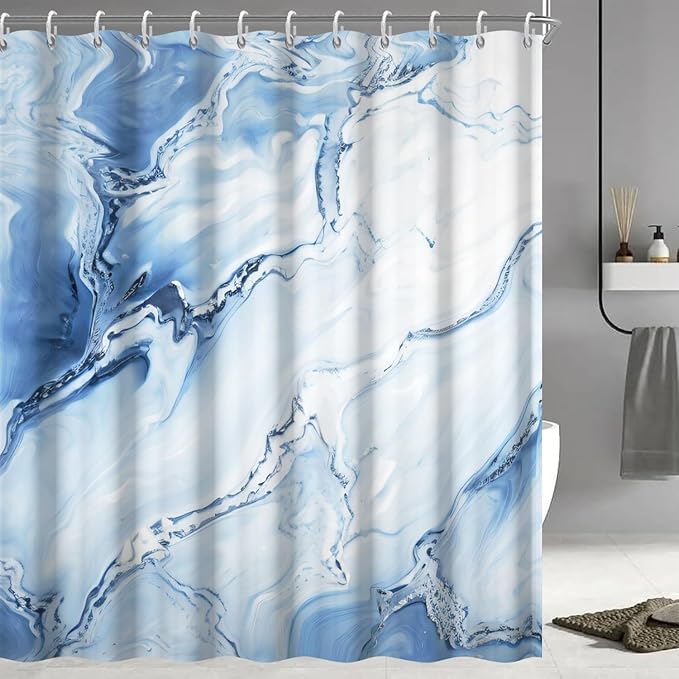 Blue Shower Curtain, Ombre Blue Marble Shower Curtain for Bathroom Modern Aesthetic Waterproof Shower Curtain Set with Hooks, 72x78 Inch
