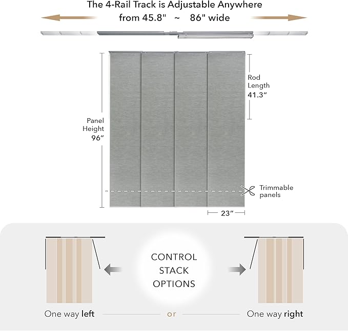 GoDear Design Adjustable Sliding Closet Door Blinds 45.8"- 86" W x 96" H, Extendable Panel Track Vertical Blinds for Sliding Doors, Shimmering Trimmable Fabric Panel Curtains, Semi-Sheer, Moonstone