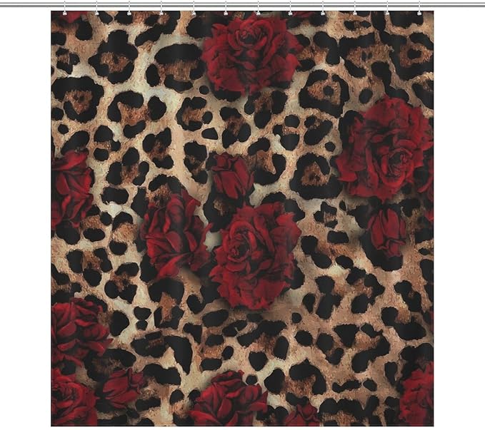Leopard Rose Flower Shower Curtain Brown Wild Animal Skin Print Cute Red Rose Floral Valentine's Day Creative Modern Art Waterproof Shower Curtains for Bathroom Decor 12 Pack Hooks 66x72in（168x183cm）
