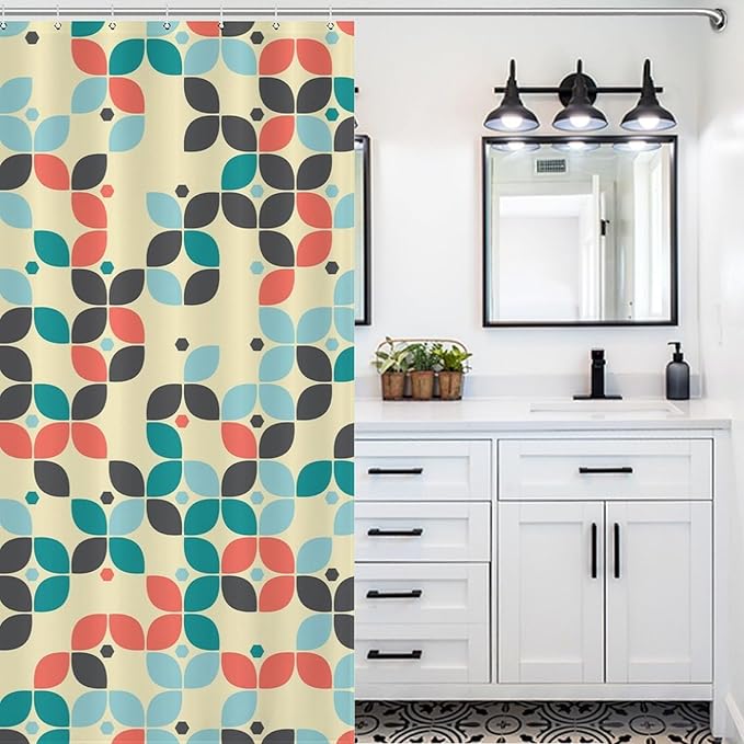 Mid Century Shower Curtain,Retro Abstract Modern Geometric Decor Bathroom Curtain Polyester Waterproof Fabric 72x72in（183x183cm）
