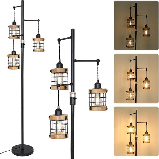 Vintage Wood Floor Lamp for Bedroom, Dimmable Floor Lamps for Living Room, Industrial Standing Lamp Farmhouse Tall Lamp for Office Home, Rustic Corner Floor Lamp Metal Black Pole Lamp