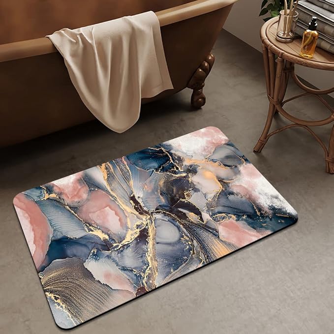 Bath Mat Rug,Pink blue and gold marbleNon Slip Quick Dry Super Absorbent Thin Bathroom Rugs Fit Under Door-Easy to clean Bathroom Floor Mats-Shower Rug for Shower Sink Bathtub(17" x 27.5"In)