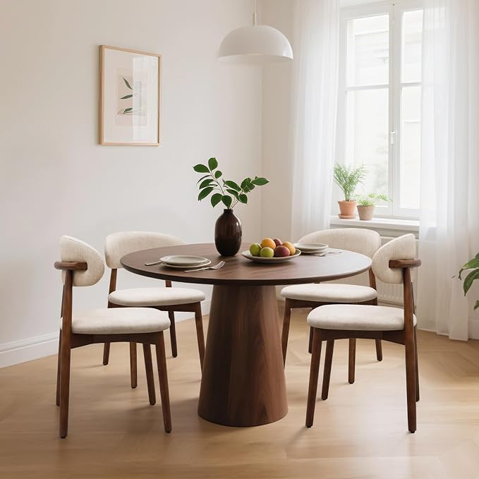 Farmhouse Dining Chairs Set of 8, Mid Century Modern Fabric Upholstered Kitchen Chairs, Wooden Dining Room Chair with Curved Back for Kitchen Dining Room Restaurant Cafe, Light Camel (Only Chairs)