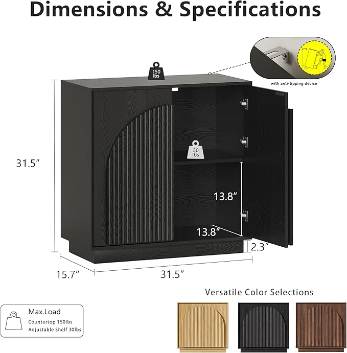 win2win Fluted Sideboard Buffet Cabinet with Storage, 31.5" Modern Accent Cabinet with Double-Layered Arch Doors, Small Wood Console Credenza for Living Room, Dining Room, Entryway, Hallway, Black
