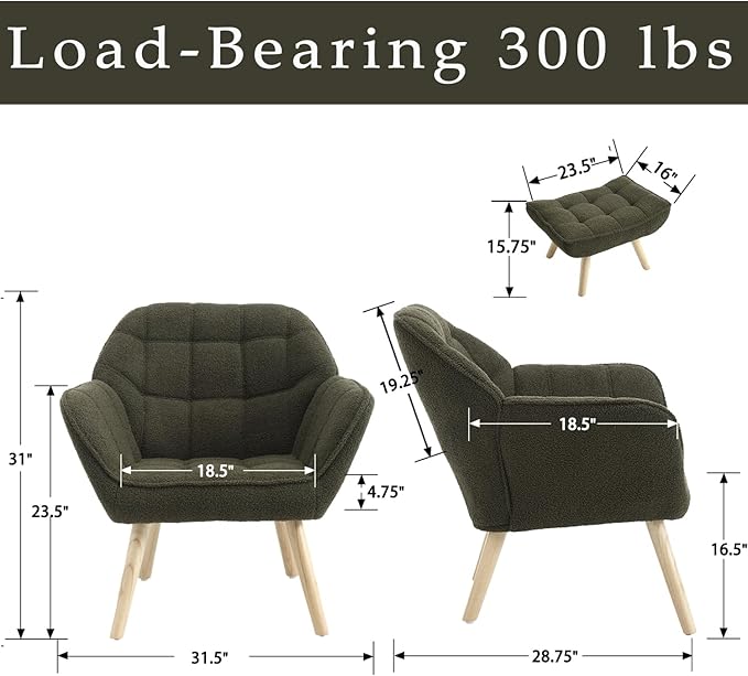 Sherpa Accent Chair with Ottoman, Modern Fuzzy Reading Chair with Ottoman Upholstered Armchair with Wood Legs Comfy Lounge Chair for Small Spaces Living Room Bedroom Book Nook, Green