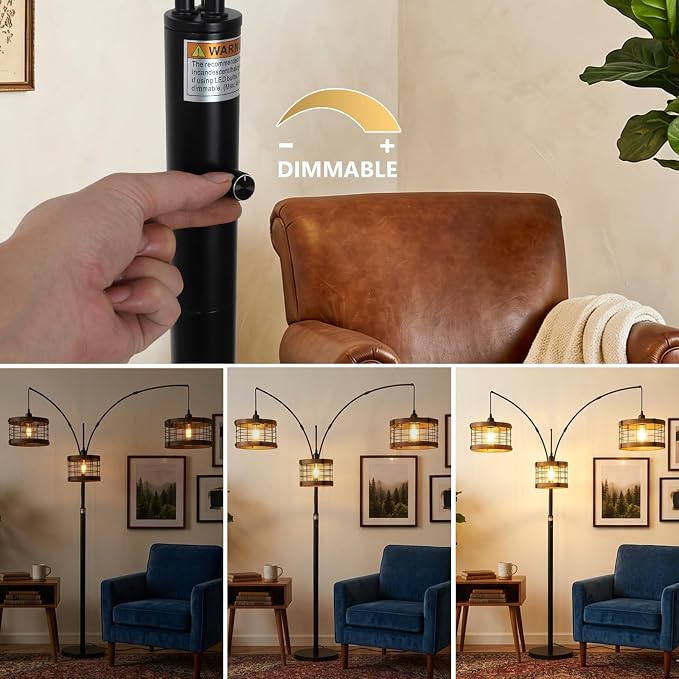 3-Lights Vintage Wood Floor Lamps for Living Room, Black Arc Floor Lamp for Bedroom, Industrial Standing Lamp for Office, Dimmable Tall Lamp, Arched Corner Floor Lamp, Over Couch Reading Lamp