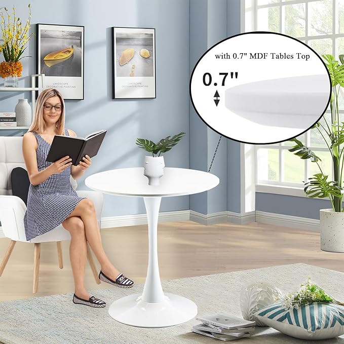 White Round Dining Table, Small Circle Dining Table for 2 Person, Modern 27.5" Tulip Table Kitchen Dinner Small Social Coffee Tables for Dining Room, Living Room, Restaurant, Cafe, Break Room or Lobby