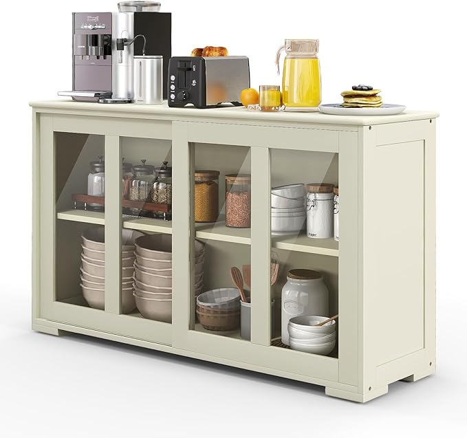 Sideboards Buffet Cabinet, Sliding Tempered Glass Door Coffee Bar, Console Table with Adjustable Shelf, Credenzas for Living Room, Stackable Kitchen Cupboard for Dining Room (White)