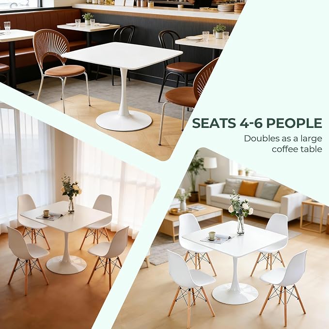 42 Inch White Square Dining Table for 4-6 Person,Mid-Century White Tulip Table Kitchen Dining Table with MDF Tabletop and Pedestal Base for Home Kitchen