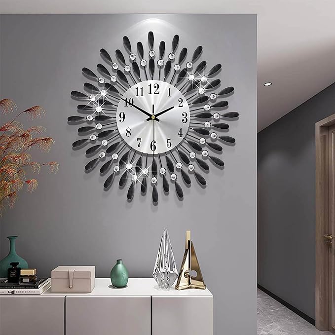 19.7 INCH Black Wall Clock for Living Room Decor,Non-Ticking Quiet Metal Petals Dial Glass Big Wall Clocks Black for Bedrooms Kitchen and Small Space Decoration