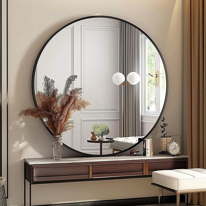 Sunniry Round Mirror 30 inch, Large Round Mirror, Black Bathroom Mirrors with Matte Aluminum Frame, Circle Mirrors for Wall, Bathroom, Living Room, Hallway.