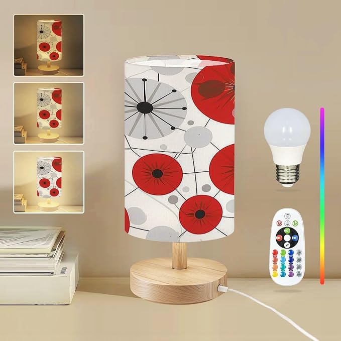 Bedside Table Lamp Mid Century Modern 1950s Style Vintage Retro Atomic Seamless Pattern 16-Way Dimmable Small Desk Lamp with Round Flaxen Fabric Shade for Nightstand Bedroom Living Room Home Decor