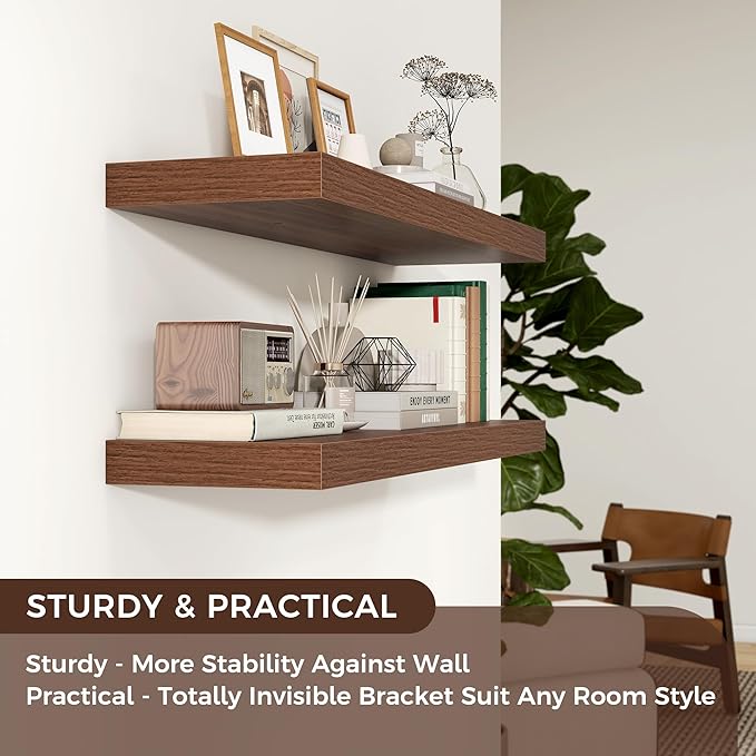 Floating Shelves for Wall, Engineered Wood Wall Shelves with Invisible Brackets for Living Room Bedroom Bathroom Office Kitchen Decor and Storage (Walnut, 48" W x 9" D x 1.5" H) Set of 2