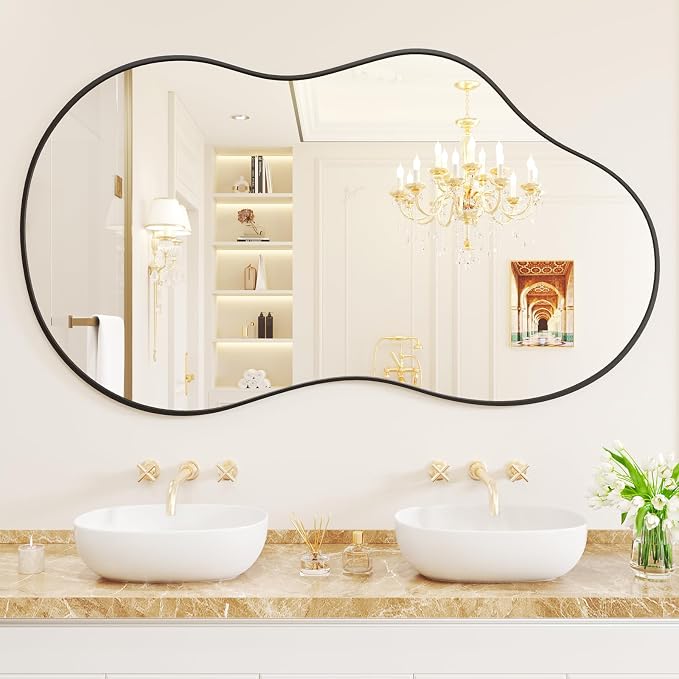 WEER Irregular Wall Mirror, 26x46 inch Black Asymmetrical Wall Mounted Decorative Mirror, Abstract Wavy Aluminum Alloy Frame for Bathroom, Bedroom, Living Room, Entryway