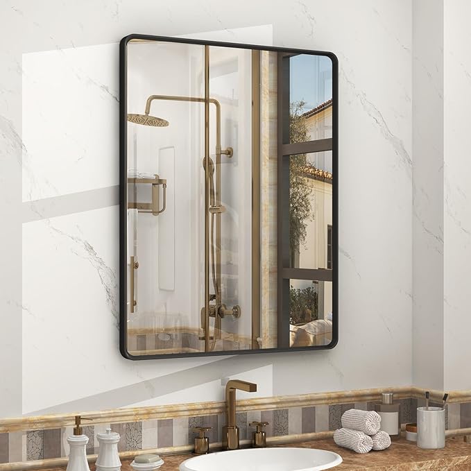 OKPAL 28X36 Inch Black Metal Framed Bathroom Mirror for Wall, Matte Black Bathroom Vanity Mirror, Black Rounded Rectangle Modern Mirror, Rustproof, Shatter-Proof (Horizontal/Vertical)