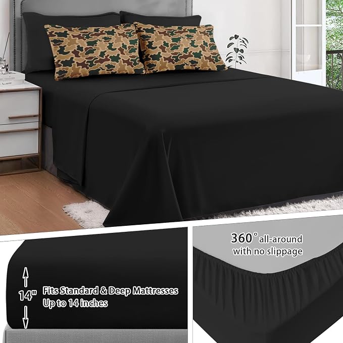7Pcs Comforter Set Full Size, Brown Camouflage Camo Hunting Hunter, Bedding Decor Wood Green Desert Army Military Bedroom Bed Set Flat Sheet Fitted Sheet Pillowcases Shams for Kids Adults