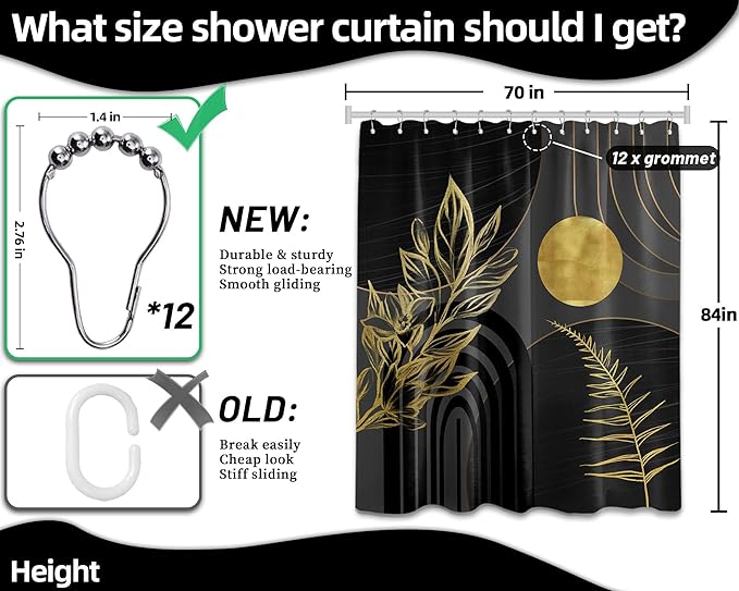 Black and Gold Shower Curtain Boho Mid Century Black and Dark Grey and Gold Shower Curtains for Bathroom Decor, Waterproof Cloth Fabric with Hooks, 70" W x 84" L
