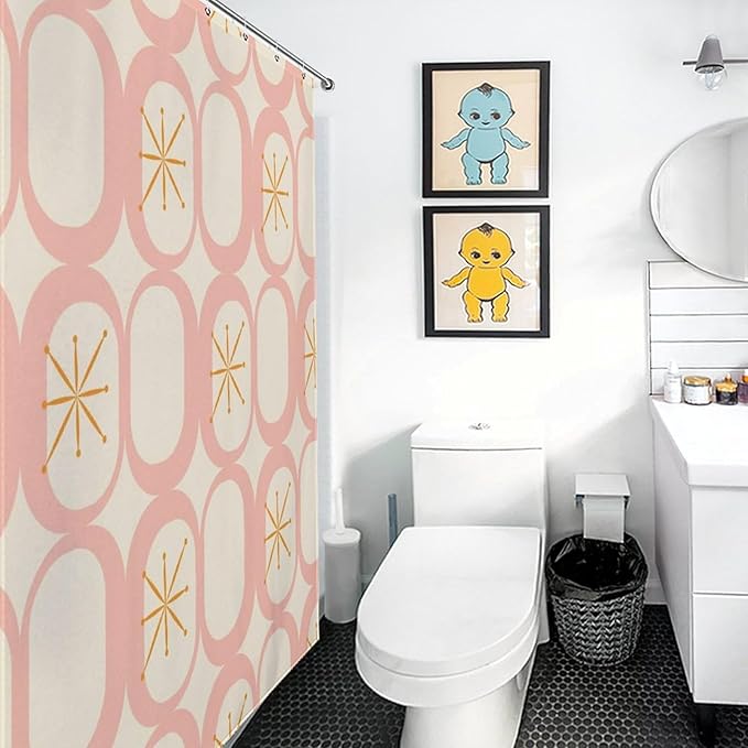 Retro 50S Shower Curtains Vintage Mid Century Aesthetics Modern Pink Beige Pattern Duty Fabric Shower Curtain Set Bathroom Polyester Waterproof with 12 Hooks, 66x72Inch（168x183cm）