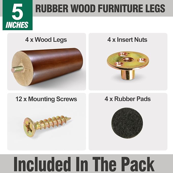 FoDau770 Brown Rubber Wood Furniture Legs 5 Inches, Straight Tapered Wood Feet Mid Century Sofa Legs Set of 4, 5/16" UNC Furniture Feet Replacement Parts for Cabinet Couch Dresser Chair Ottoman Table